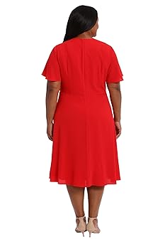 London Times Women's Rosette Flutter Sleeve Fit and Flare